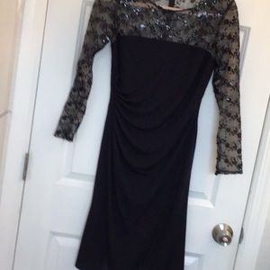 Size 4, Long lace sheer sleeves, 38” from shoulder to hem, gathered under bust